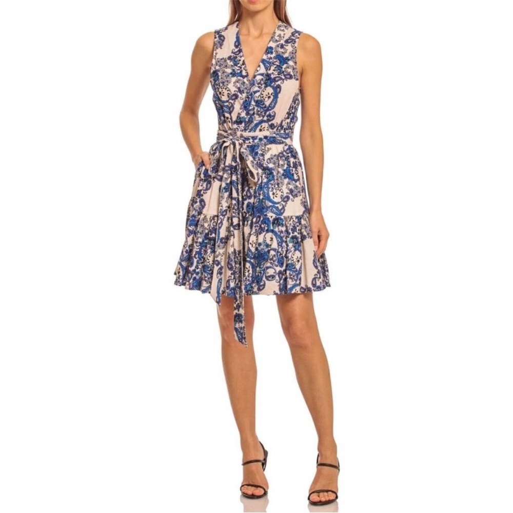 Christian Lacroix Paisley Linen Wrap Dress Blue Floral Tie-Waist Dress